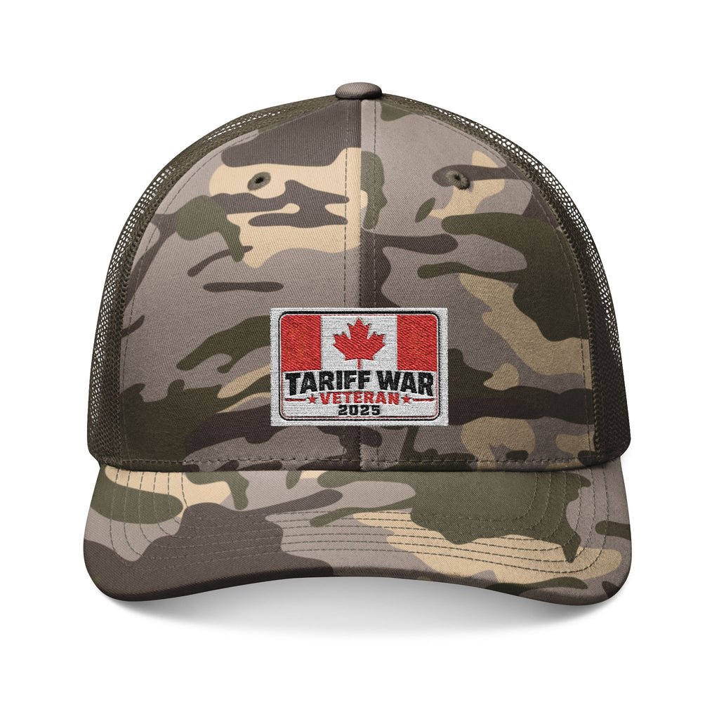 Camouflage Trucker Hat — Embroidered "Tariff War" Canadian Patch Cap